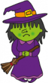 Cartoon Green Witch Frowning, with purple hat and dress, holding a broomstick